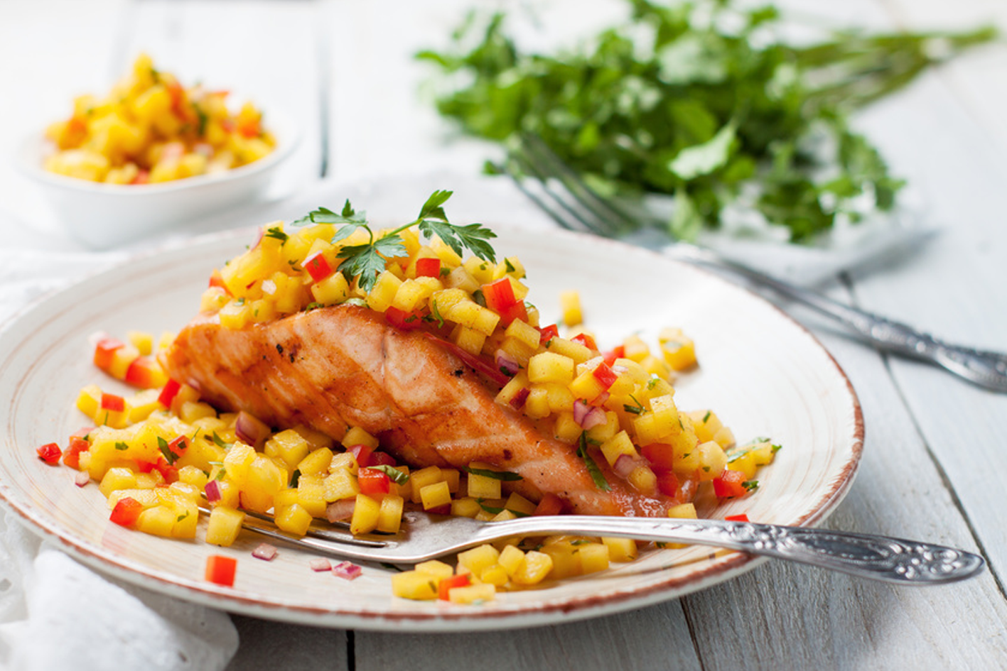 Gebratener Lachs mit Mango-Salsa und Quinoa - CoGAP