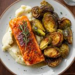 Orangen-Lachs mit Rosmarin auf cremigem Kartoffelpüree und knusprigem Ofen-Rosenkohl