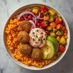 Falafel-Bowl mit Orangen-Couscous, Ofengemüse, Avocado, Granatapfel und Joghurt-Dip